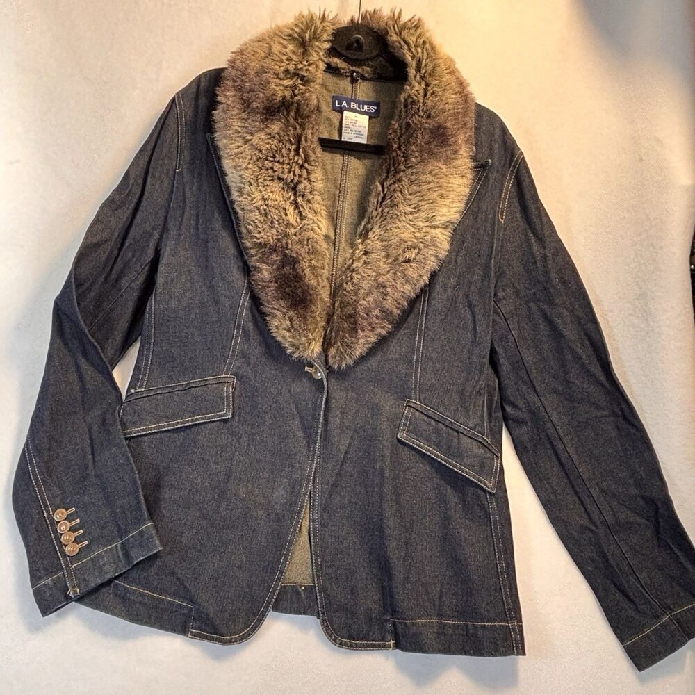 LA BLUES Women's XL Denim Jean Jacket Removable Fur Collar Dark Wash